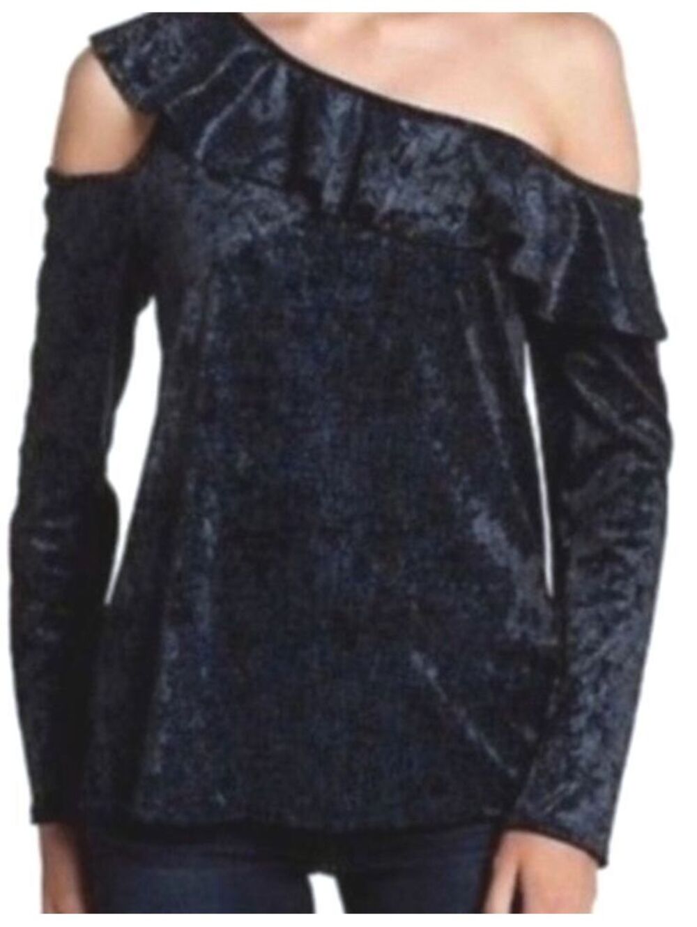 Ro & De Blue Black Velvet Hatch Print Ruffle One Shoulder Top Y2K Medium